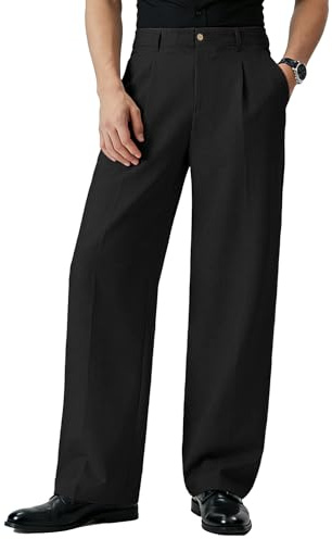 FEDTOSING Mens Linen Casual Dress Trousers Old Money Pleated Wide Leg Baggy Vintage Relaxed Fit Pants Work Office Trouser