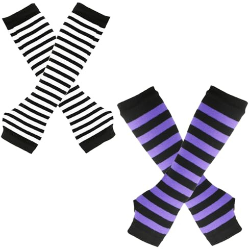Striegro 2 par armvärmare långa fingerlösa randiga handledsvärmare för kvinnor gotiska fashionabla eleganta tumhål mjuka stretchiga halloween stickade handskar för flicka..