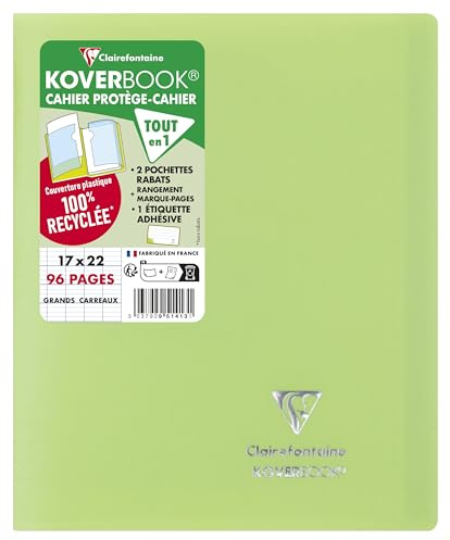 Clairefontaine 951413C – Skolhäftapparat/Anteckningsbok 17 x 22 cm, 48 ark 90 g, fransk linjatur, omslag av ogenomskinlig polypropen, 2 genomskinliga fodral, robust, häftad, grön, 1 styck