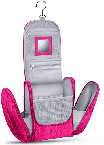 KRONIFY Große Kosmetiktasche zum Aufhängen mit Spiegel | Kosmetiktasche für Männer und Frauen | Kosmetiktasche für Frauen | geräumige Waschtasche mit Haken, Rosa., XXL, Casual