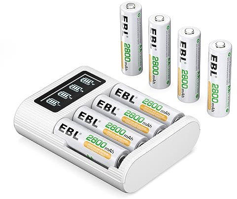 EBL LCD Cargador Pilas con 8 * 2800mAh Pilas Recargables AA Ni-MH, Pack de Pilas Alta Capacidad, Puerto Micro USB/Tipo & Carga Rápida