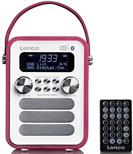 Lenco PDR-051 bärbar DAB+ retroradio – PLL FM-radio med Bluetooth – integrerat batteri – 1 800 mAh – klocka och timer – 5 watt RMS – fjärrkontroll – rosa