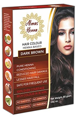 Almas Henna 80 GRAM 100% Organic Hair Color Powder Infused with Herbs, Natural Henna for Soft Shiny Hair (2.82 OUNCE, DARK BROWN)