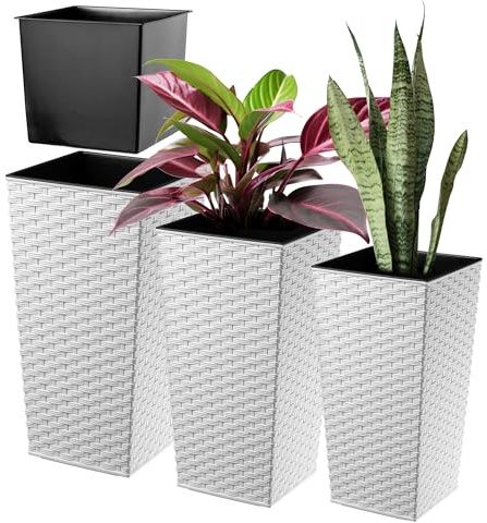 KADAX 3er Set Pflanzkübel mit Innentopf 57/68/75 cm Höhe, Weiß Rattan – wetterfeste & robuste Blumenkübel aus Kunststoff, Blumentöpfe für Innen- & Außenbereich