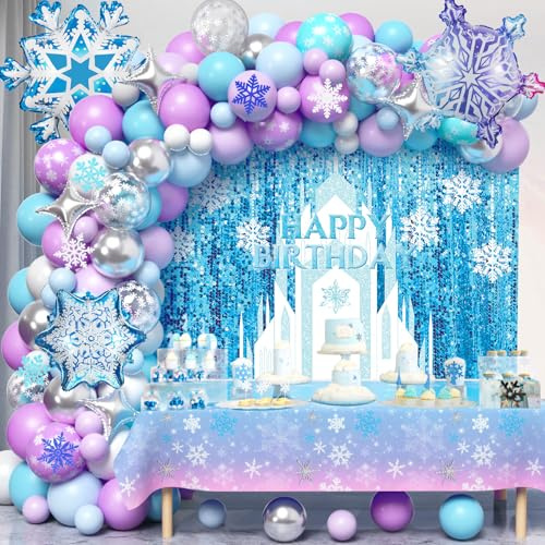 vamei 159pcs Decoration Anniversaire Fille Kit Arche de Ballon Bleu Violet con Ballon Flocon de Neige Nappe Toile de Fond, Décoration Fête Anniversaire Princesse pour Enfant Fille