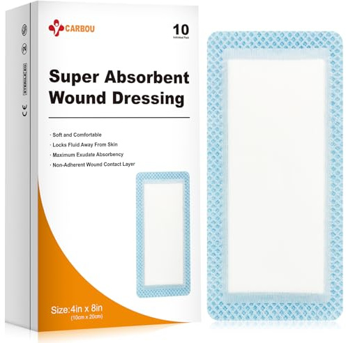 Carbou Super Absorbent Wound Dressing Pads 4x 8, 10 Individual Pack, Non Adhesive Absorbent Bandages for Wound Care, Soft Highly Absorbent Dressing, Non Stick Gauze Pads for Wounds