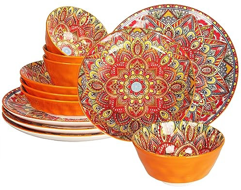 jinsongdafa Buffet Dinnerware Porcelain Dinnerware Set, Service for 4 (12 pcs) Easy to Clean Plate & Bowl Set Apply Casual Dining Indoor Outdoor Dining Party Bohemian Style, Red 26+20.5+12.1 CM