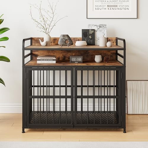 BORPHOM 40.55Wooden Dog Crate Furniture with Drawer Storage, Large Dog Kennel Indoor,Heavy Duty Dog Cage for Large Dogs,Dog House,Folding 2 door Crate,Side End Table,Rustic Brown
