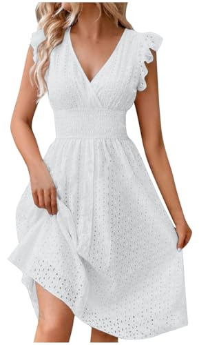 Zeiayuas Womens Dresses Ruffle Sleeveless V Neck Dress Summer Casual Vacation Beach Midi Dress Ladies Eyelet Knee Length Dress Beach A Line Tunic Sundress Lace Hollow Out Elegant Dress