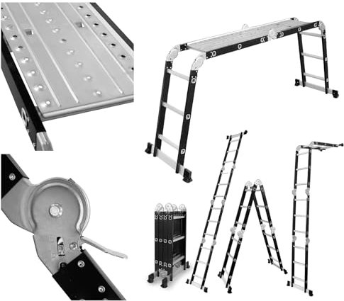 DRABEST - Escalera articulada 4x3 peldaños - con Plataforma, de Aluminio y Acero - Escalera Plegable, Escalera de Aluminio - Carga máxima hasta 125 kg - Escalera polivalente - 0,32x0,89x0,25 m