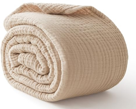 Kozyhvn Manta 100% algodón Grande de 50 x 70 Pulgadas, Manta de Muselina de 6 Capas, Manta refrescante y Suave para sofá, Colcha Transpirable, Ropa de Cama de Gasa para Adultos, Avena, Lino Beige