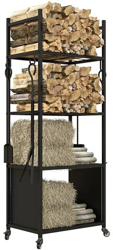 Outsunny Kaminholzregal 45 x 30 x 118 cm Brennholzregal mit Rollen, 4 Ablagen, Feuerholzregal für Outdoor, Indoor, bis 60 kg, Metall, Schwarz