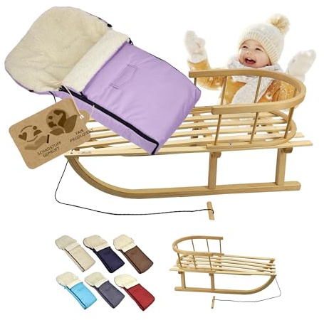 KOMBI-erbjudande träsläde med ryggstöd och dragrep universell vinteråkpåse (90 cm), lämplig för babystol, barnvagn, buggy, ull UNI (syren)