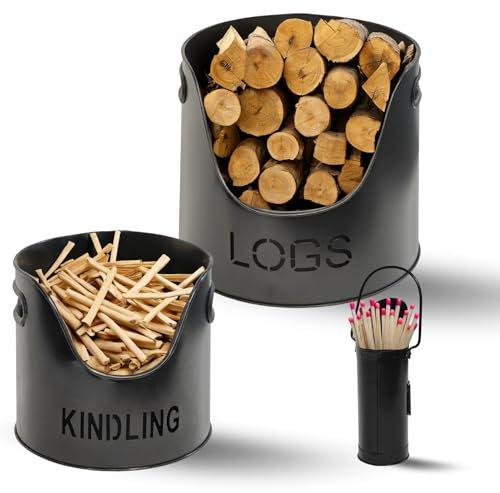 Premium Black Metal Log Holder, Kindling & Matchstick Holder Set – Stylish Fireside Accessories for Home Fireplace & Wood Burner – Indoor Firewood Storage & Fire Equipment Organizer