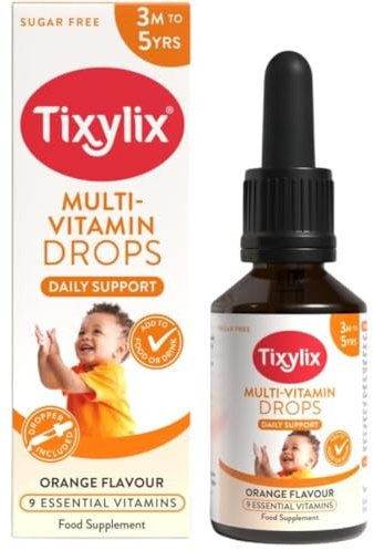 Tixylix 50ml Multi-Vitamin Drops for Children, 9 Vitamins to Support Growth & Immune Health - Sugar Free, Vegan, Gluten Free - Add to Food and Drink - for Children 3 Months to 5, Dropper Included