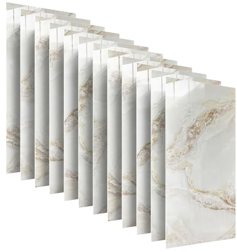 DecoMeister Pannelli Decorativi per Pareti 60x30 cm 12 pezzi - Piastrelle Adesive Cucina PVC Lucido - Rivestimento Parete Interna Autoadesivo - Pannelli Murali e Mattonelle - Marmo Beige-Marrone