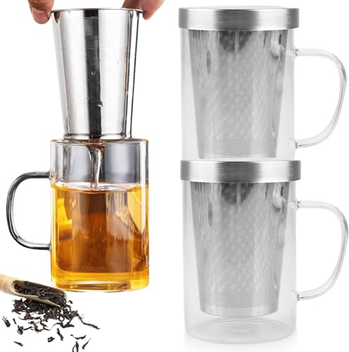 GAOUTO 2 stycken tekoppar med sil, 500 ml silver rostfritt stål teglas med handtag och lock i rostfritt stål, stora teglas av borosilikat glas, tekopp med lock för lösa tepåsar te