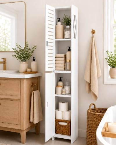 BHFOW Bathroom Storage Cabinet, Floor Standing Display Cabinet, Home Storage Furniture Organizer Unit for Office Living Room Kitchen Entryway, White