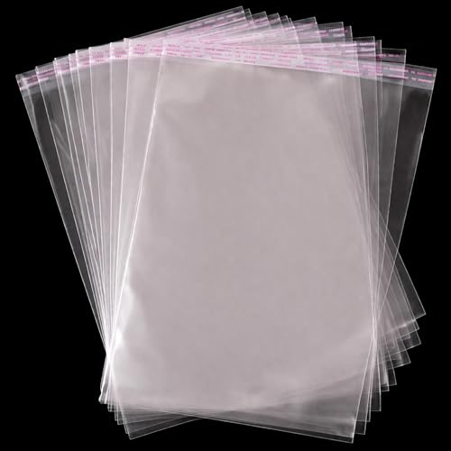 Fineway 100 Pack Self Seal Clear Cellophane Bags - A4 Self Adhesive Cookies Bags, Small Cellophane Bags for Cookies, Sweets, Gifts, Jewelry - Transparent Small Plastic Bags (22 x 31 cm)