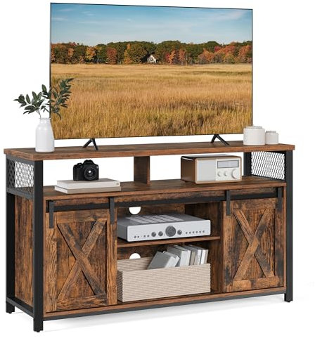 VASAGLE TV Stand, TV Cabinet with Sliding Barn Doors for TVs up to 60 Inches, Media Centre and Console with Adjustable Shelves, Industrial, Rustic Brown and Black LTV46BX