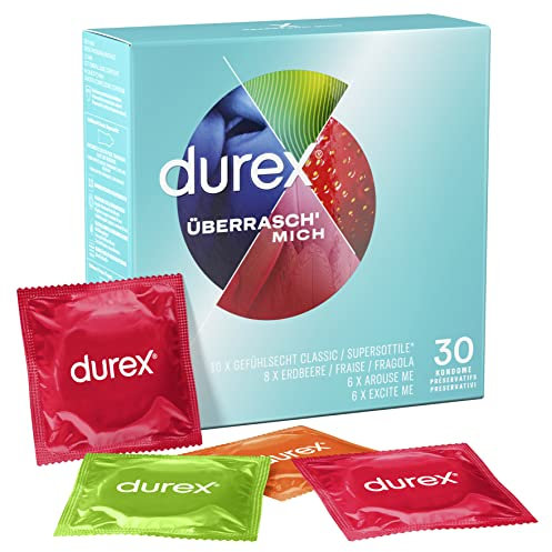 Durex Überrasch Mich Kondome-Mix – Mischung mit 4 verschiedenen Kondom-Sorten zum Ausprobieren – 30er Pack (1 x 30 Stück)