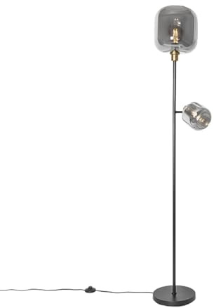 Qazqa Modern Stehleuchte, Stehlampe - Zuzanna - Schwarz mit Rauchglas, max. 25W, Geeignet für LED, 2-flammig, 170cm, Ideal als Flur, Küche lampe, Wohnzimmerlampe und Schlafzimmerlampe