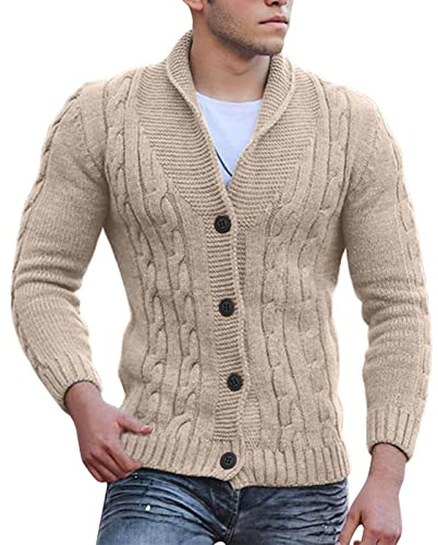 Maglione da uomo lavorato a maglia, spesso, con scollo a V, bottoni, in cotone, slim fit, con motivo a trecce, maglia con bottoni, in cotone, con tasche, maglia per esterni, Marrone, M