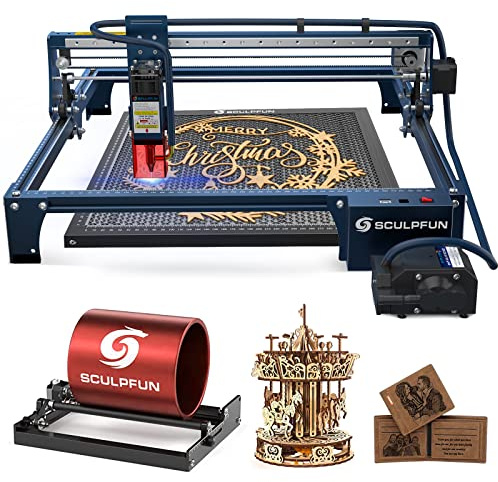SCULPFUN S30 Pro 10 W lasergravyrmaskin och 360° roterande scooter automatisk Air Assist 400 x 400 bikakeplatta rotationsrulle utbytbar linsdesign laser reparationssats
