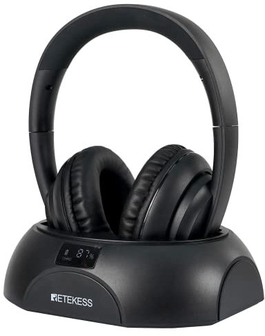 Retekess TA006 Auriculares Cascos Inalámbricos TV con Base Carga del Transmisor, con Pantalla, Alcance de 30 m, Auriculares Estéreo de 3,5 mm, Entrada RCA, Cable Coaxial, Cable de Audio