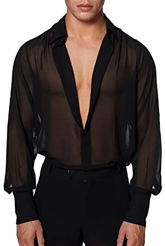 Caxndycing, camicia da uomo in rete trasparente con scollo a V, top nero sexy, maglietta in mesh, camicia in rete, sottocamicia sexy a maniche corte trasparente, blusa per club, individualità, top