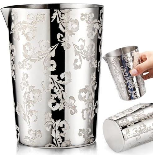 Noamus 500ml Cocktail Mixing Glass, 304 Stainless Steel, Silver, Conical, Dishwasher Safe, Includes Glass, Perfect for Bartenders, Bars, Cocktails, Martinis, Whiskey, Floral Pattern