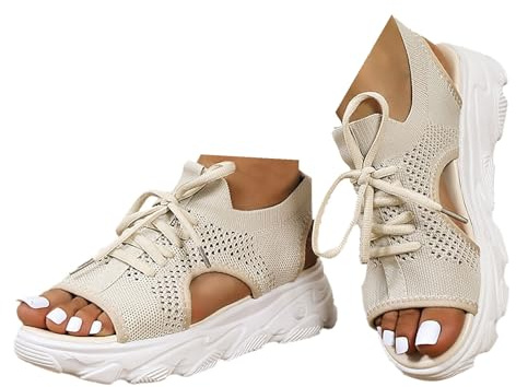 Générique Sandales de Sport et D'Extérieur Femme Maille été Chaussures Sport Respirantes Sandales de Marche à Lacets Confortable Sandale Baskets Légères Sandales Plates Bout Ouvert pour Femmes