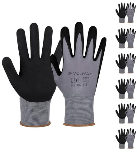 Velway Gants de Travail 6 Paires - Gants de Jardinage Enduction Nitrile Résistante à l'Abrasion - Polyvalent pour Industrielle Multiusage Manutention et Mécanique - Taille 9/L