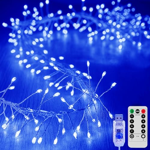 KINGCOO 6M 200LED Luci di Stringa Grappolo con Telecomando,Argento Filo Fuoco d'artificio Fate Catena Luminosa USB Alimentato per Camera Letto Interna Finestra Festa Natale Matrimonio (Blu)