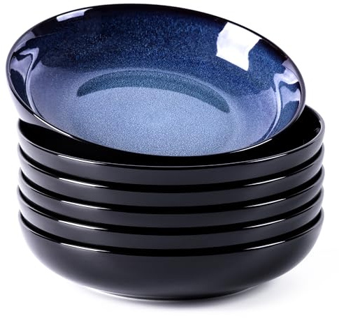 LERATIO Large Pasta Bowls,38oz Ceramic Pasta Bowls,9.0 Reactive Glaze Pasta Bowl Set of 6,Microwave & Dishwasher,Oven Safe,Wide Serving Bowls for Salad,Pasta,Fruit,Scratch Resistant-Blue