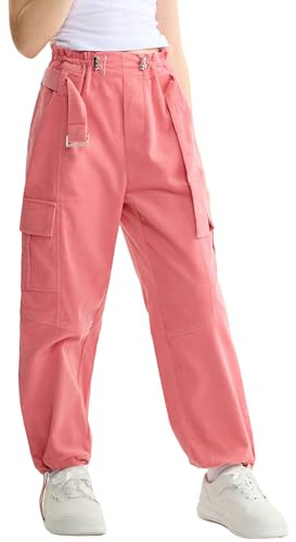 Rolanko Niñas Pantalones de Carga con Cinturón Ajustable Elástico de Cintura Alta Corduory Joggers Niños Hip Hop Danza Pantalones, Rosa, Talla: 10-11 Años/150