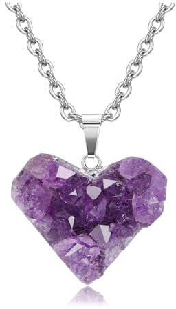 CrystalTears Amethyst Druse Halskette Damen Unregelmäßig Cluster Stein Herznhänger mit Kette Drusensegment Rohstein Halsschmuck für Frauen Mädchen