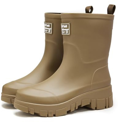 AONEGOLD Botas de Agua Mujer Media Lluvia Botines Antideslizante Impermeable Boots de Caucho Moda Flexible Jardín Trabajo(Verde Militar,38 EU)