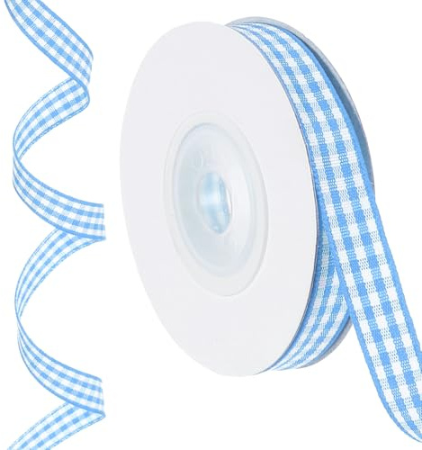 PATIKIL 10 meter x 1 cm rutigt band, ljusblå och vit Gingham-band presentförpackningsband för Thanksgiving rosett krans hantverk födelsedag bröllop