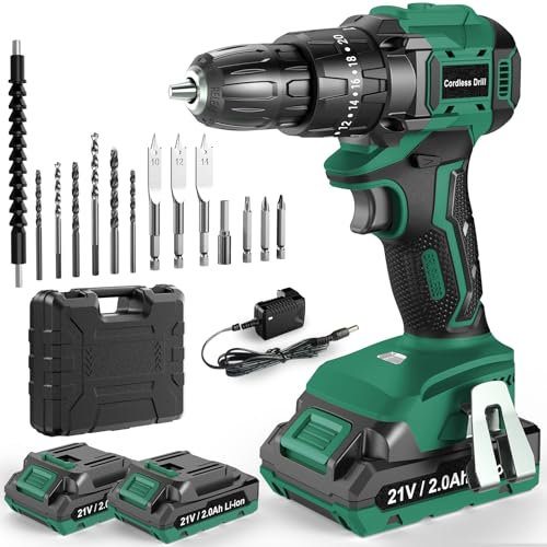 JYGMPRO Cordless Drill Driver 21V, Brushless Cordless Hammer with 2 Batteries 2000mAh, 20+3 Torque, 45N.m Max, 14PCS Drill Bits, 2 Speed, LED Light for Home, Garden DIY Project