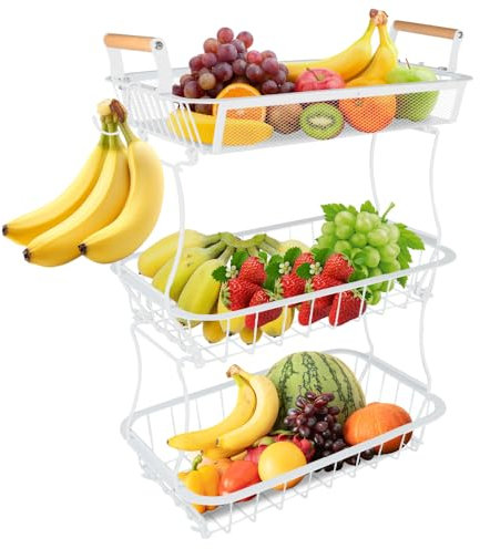 OHMG-3 Niveaux Support de Corbeille à Fruits en Bambou, Rangement des Légumes et du Pain dans la Cuisine, Naturel (3 étages-Blanc, 37*22*55.5cm)