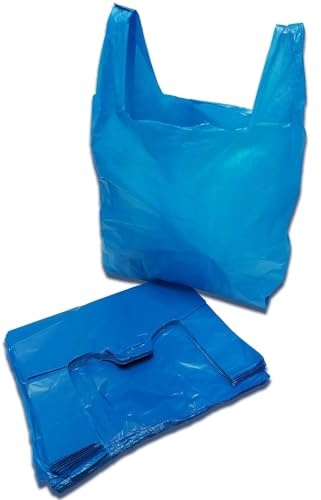 Clearly Carrier Bags, Blue Plain HDPE Vest Carrier, 11 X 17 X 21, 23MU, Heavy Duty Reusable Carrier Bags with Handles Vest Style Shopping Bags for Food, Clothes, Shopping, Books and More (100)