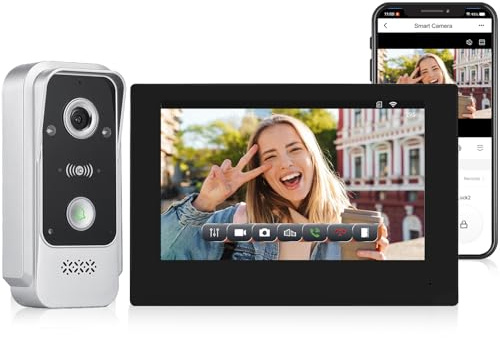 FTes RFKits Videocitofono a 2 Fili con Schermo da 7 Pollici,Tuya Smart,Visione Notturna a Infrarossi e Rilevamento del Movimento,3 Modalità di Sblocco,Riproduzione,Controllo 2 Porta per Villa/Cancello