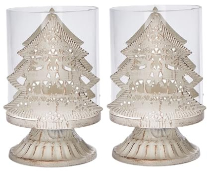 Vintage Candle Holders – Distressed Hurricane Pillar Candlesticks for Christmas Table, Mantel & Fireplace Decor – Available in 4 Designs, Set of 2 Metal Candle Holders - (Tree)