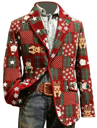 Generisch Blazer de Cordón para Hombre de Navidad con Motivo Navideño, Manga Larga, Deportivo y Festivo, Gracioso, Chaqueta de Traje de Carnaval, Blazer de Navidad, Traje de Navidad, rojo, S