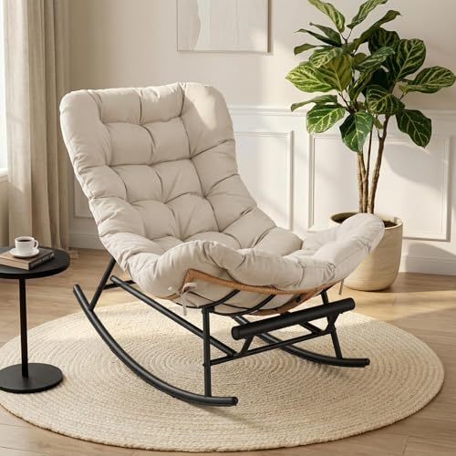 GarveeHome Indoor Papasan Rocking Chair, Rattan Rocker with Extendable Footrest & Detachable Polyester Cushion, 352lbs Sturdy Large Reading Lounge for Indoor Bedroom Living Room, Beige