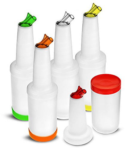 Drinkstuff Save & Pour Bottle Set – 5 x 1 Litre Colour-Coded Flair Bottles with Spouts & Lids – Juice, Smoothie, Syrup & Mixer Storage Solution for Bars, Pubs & Home Use (5L Total)