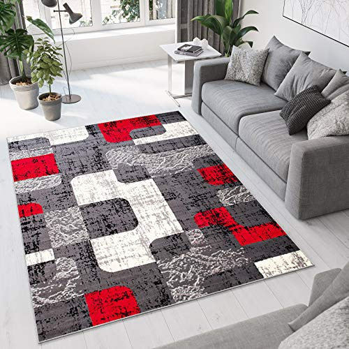 TAPISO Dream Teppich Wohnzimmer Schlafzimmer Kurzflor Modern Grau Rot Creme Karo Retro Vierecke Meliert ÖKOTEX 140 x 200 cm