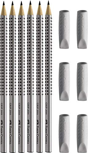 Radiergummikappen Grip grau 6 Stück, Faber-Castell + 6 Bleistifte HB