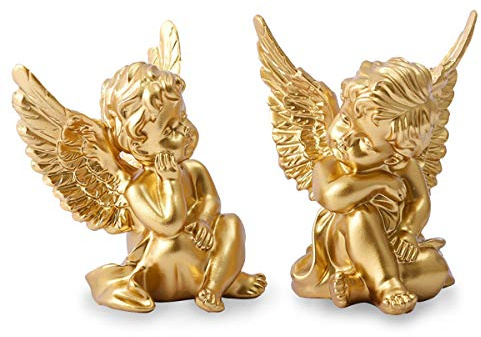 OwMell Set of 2 Cherubs Angels Resin Statue Figurine, Indoor Home Decoration, Adorable Angel Sculpture Memorial Statue 4 - Gold